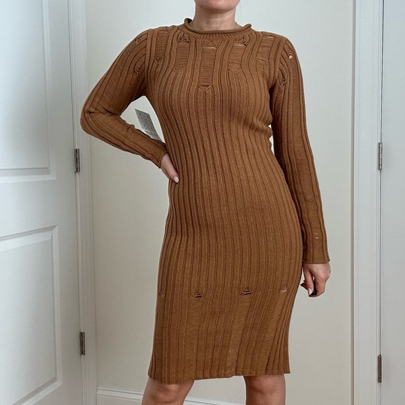 Rib Knit Long Sleeve Knee Length Body Con Dress - Picture 5 of 13